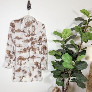 Alkemy Womens M Sheer Button Up Shirt Desert Western Landscape Print Blouse